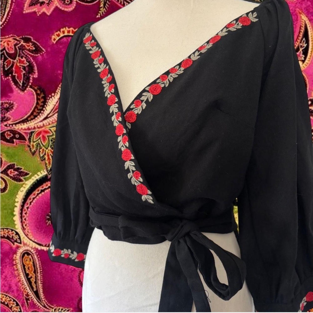 Black Wrap Crop Top with Red Rose Embroidery